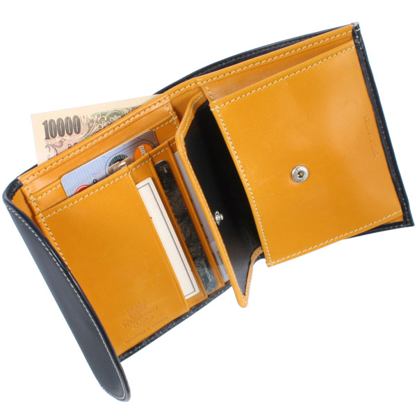 ビームス極美品✨ホワイトハウスコックス　三つ折り財布　ネイビーイエロー　ブライドルレザー